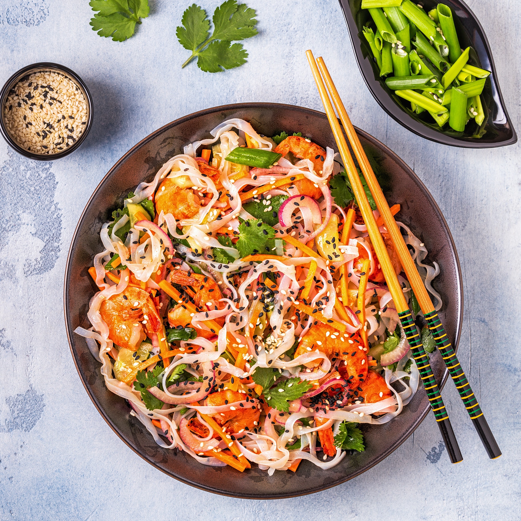 asian salad with rice noodles shrimp and vegetables